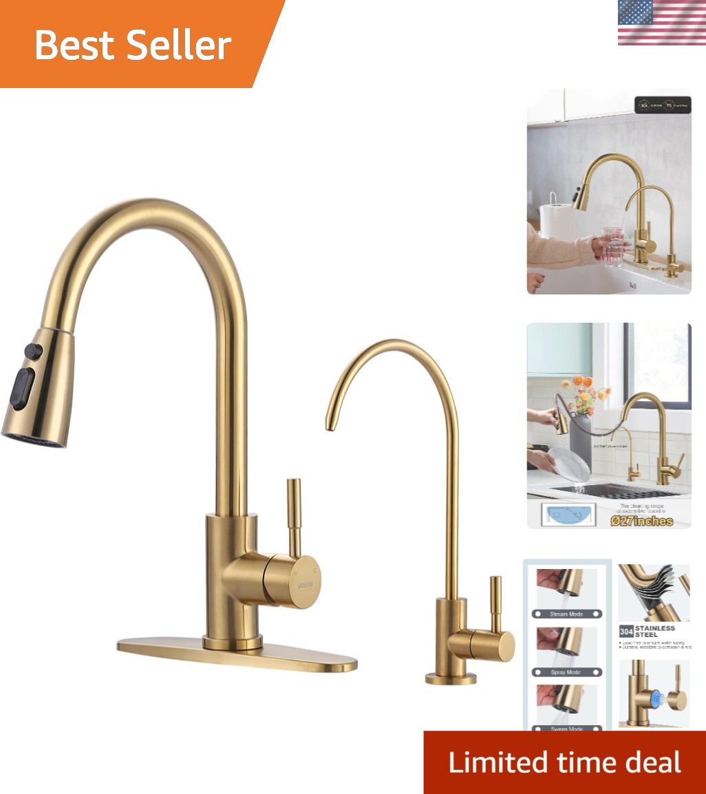 Premium Stainless Steel Kitchen Faucet with Drinking Water Faucet – Brushed Gold