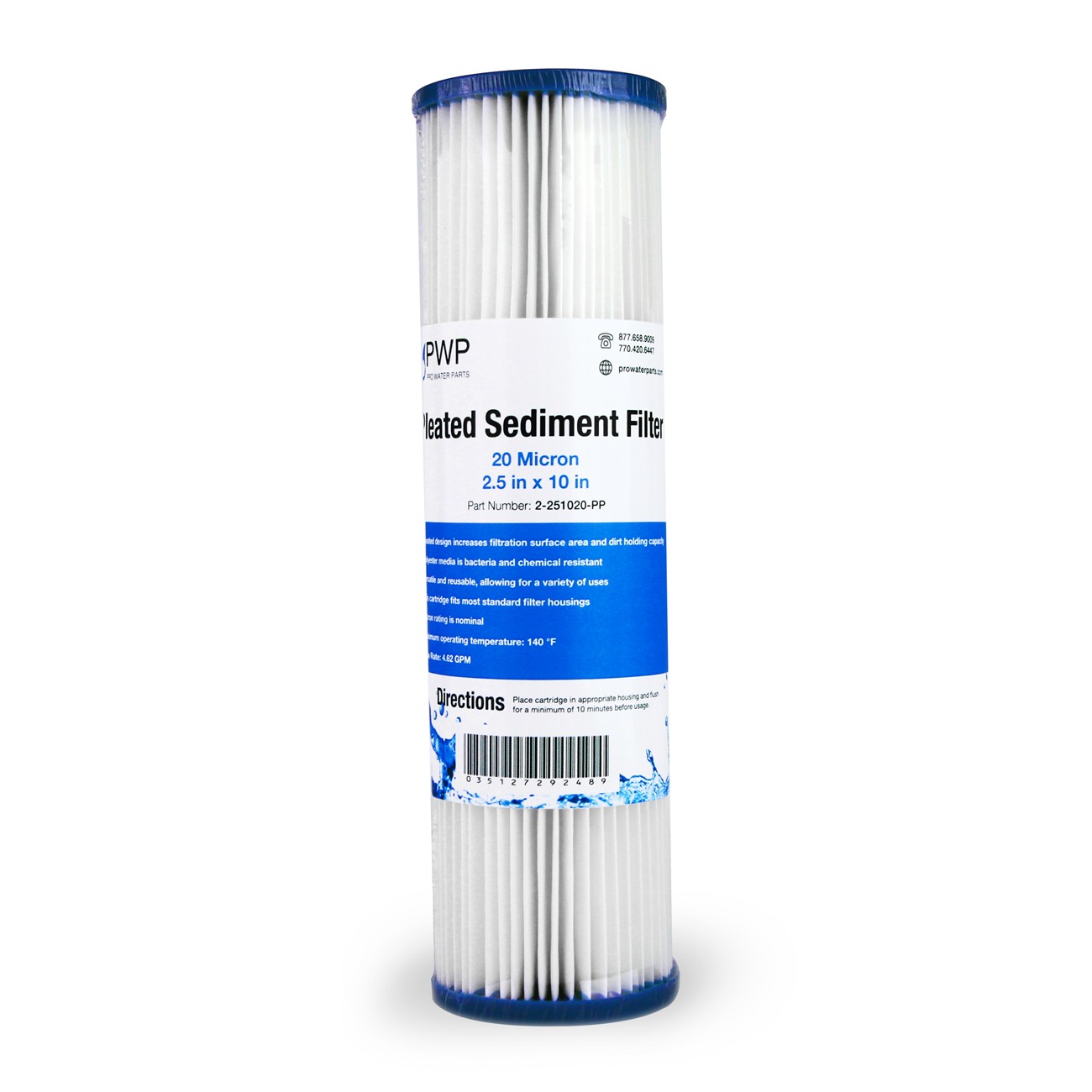 Pleated Poly Sediment Water Filter Cartridge Standard 2.5×10″ 20 Micron 50 Pack