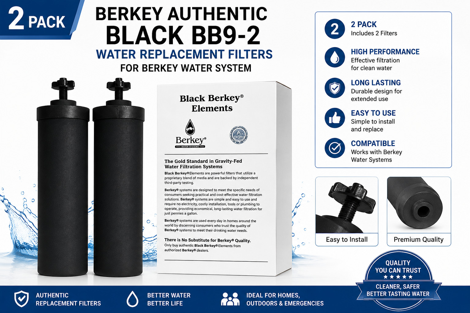 2 Pack Berkey Black BB9-2 Replacement Water Filters Compatible with Berkey Water
