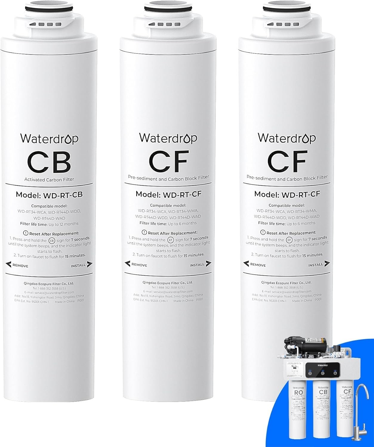 Waterdrop WD-T3-RC Replacement Filter 1-Year Combo, Pack of 2 CF and 1 CB Filter