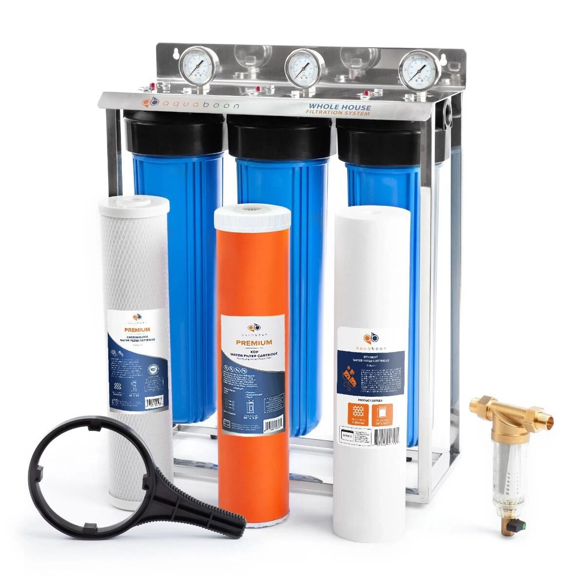 3-Stage Big Blue 20″ Whole House Filtration System+Stand+KDF+Carbon+Sediment