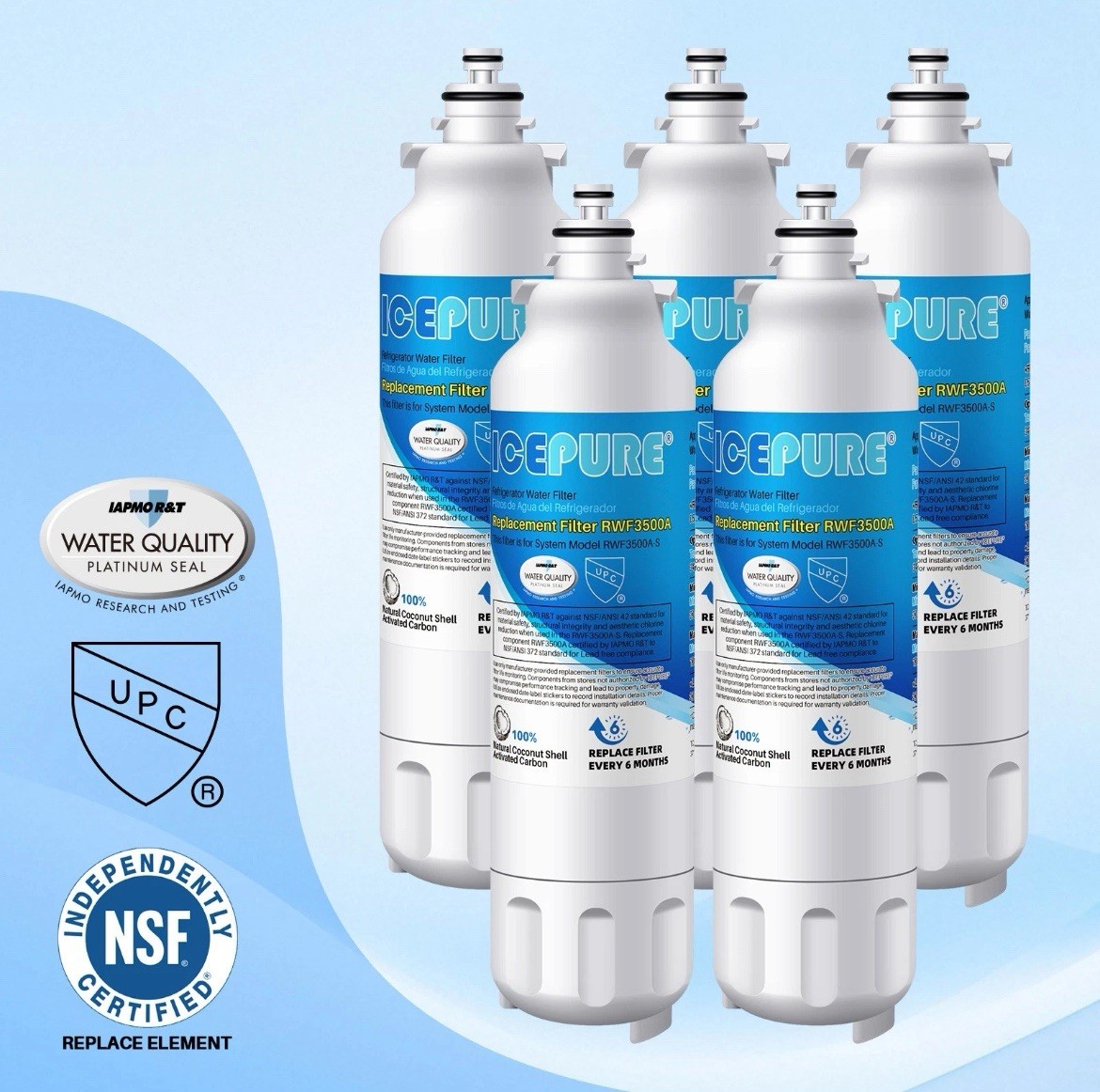 5 Pack Fit For LG LSXS26366S LG LT800P ADQ73613401 Fridge Water Filter Icepure