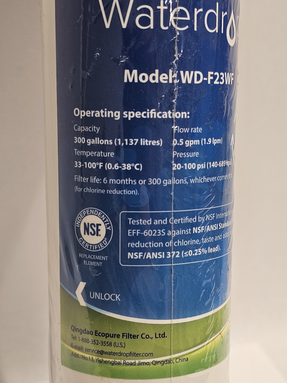 WATERDROP WD-F23WF WATER FILTER 300 GALLONS FLOW Rate .5GMP 20-100 PSI
