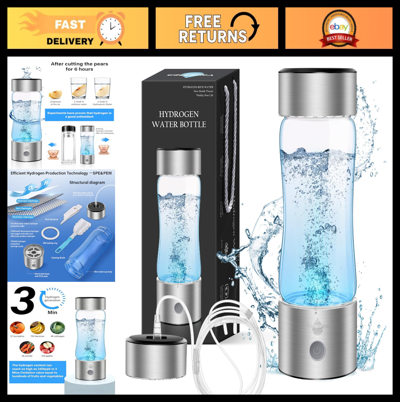 Upgraded Hydrogen Water Bottle Generator – 2400ml, Fast 3-Minute Hydration for H