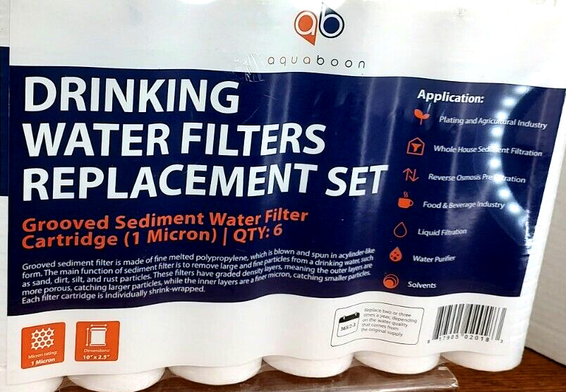 AquaBoon 10″ x2.5″ Grooved Sediment Qty 6 Water Filter 1 Micron Cartridge NIP