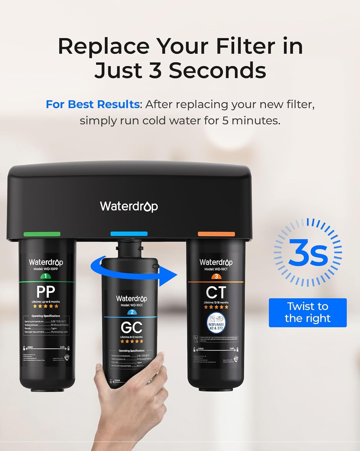 Waterdrop 3-Stage Under Sink Water Filtration Replacement for Waterdrop TSA&B(4)