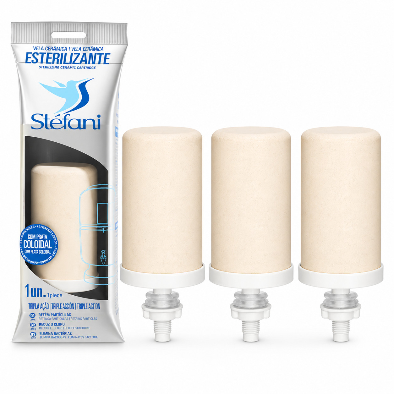Stefani Ceramic Water Filter Cartridges Triple Action Carbon Silver, 3 Pack