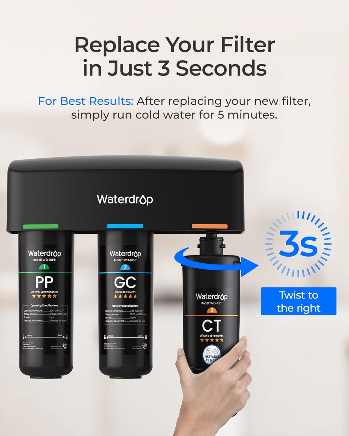 Waterdrop WD-10CT Under Sink Water Filter, Replacement TSA & TSB 3-Stage Under S