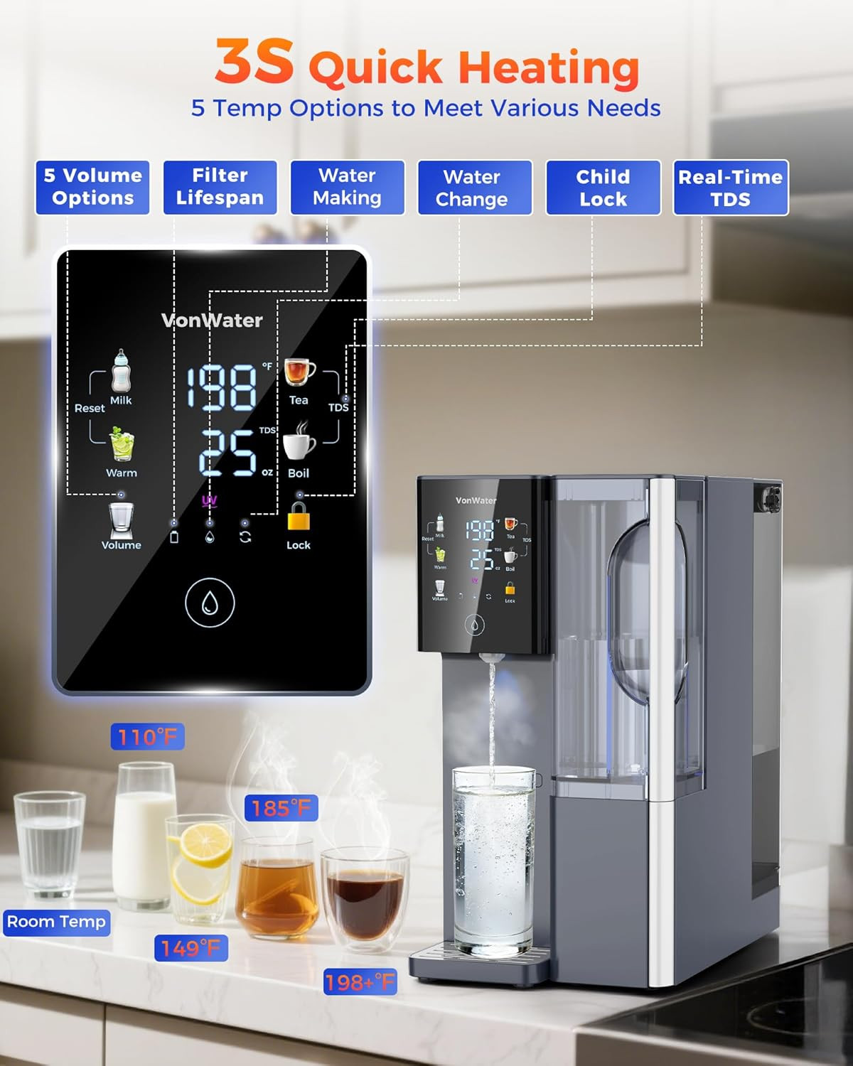 CT910H Reverse Osmosis Water Filter Countertop, 3S Instant Hot RO Water Filtrati