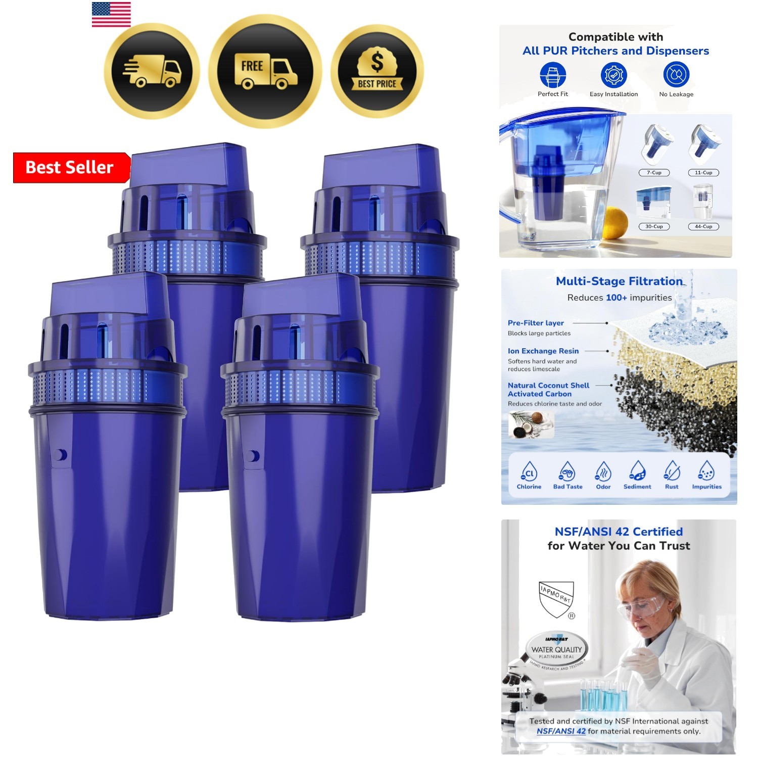 4-Pack Water Filter Replacement for All PUR, PURPlus Water Pitchers and Dispe…