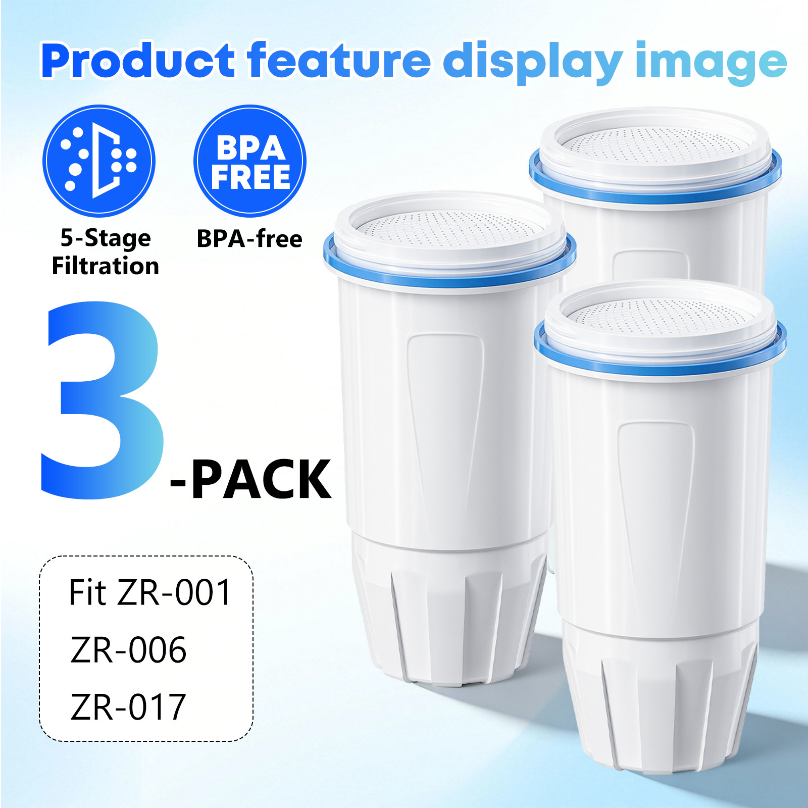 Zero Pitcher Water Filter Replacement 5-Stage 3 Pack Fit ZR-001 ZR-004