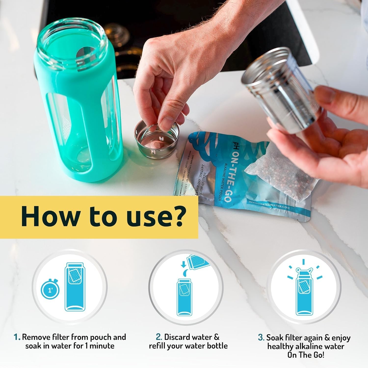 pH ON-The-GO Portable Alkaline Water Filter Pouch – 3-Pack, 98L Capacity