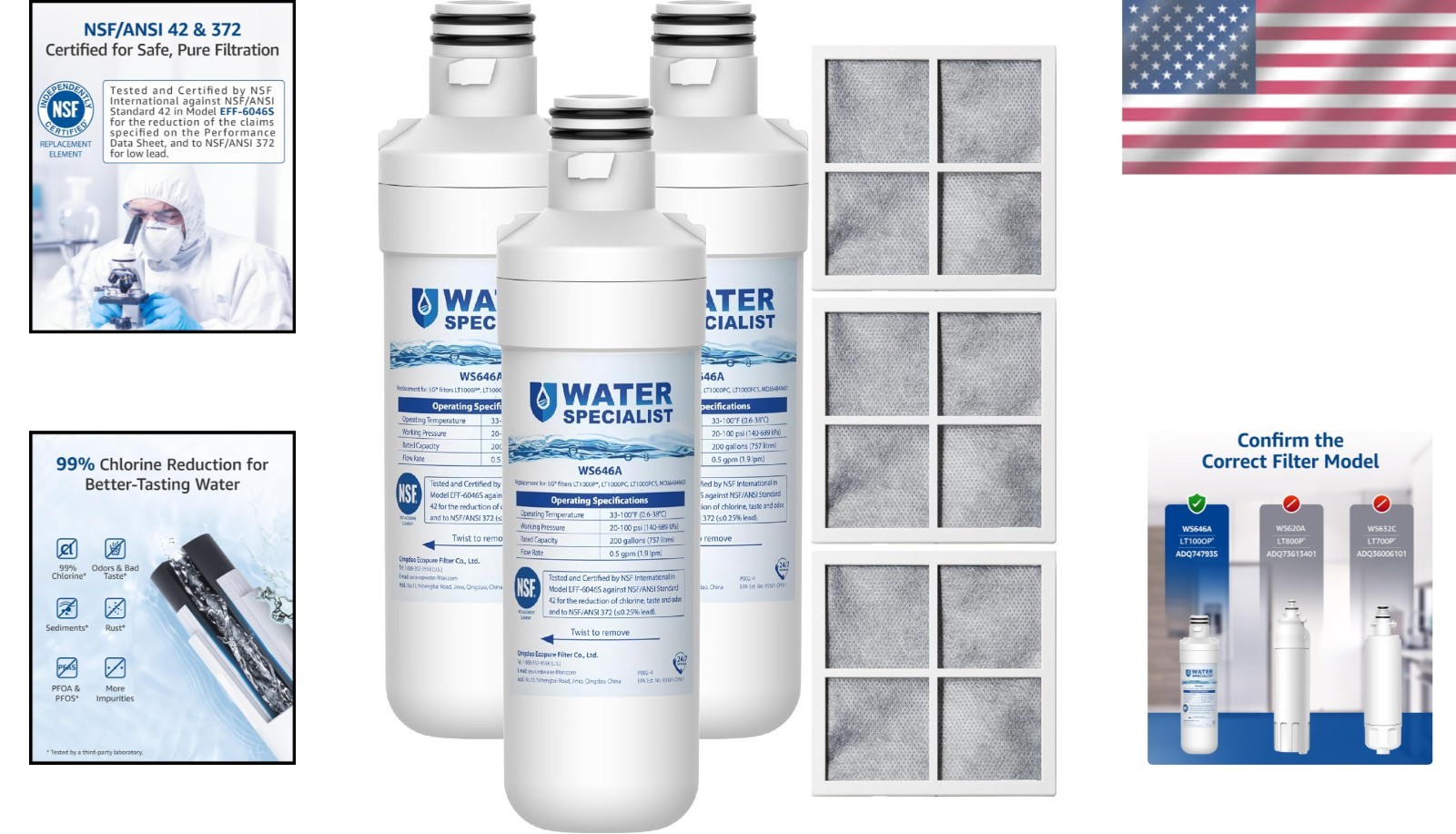 Water and Air Filter 6 Piece Set Replacement for LG LT1000P LFCC22426S