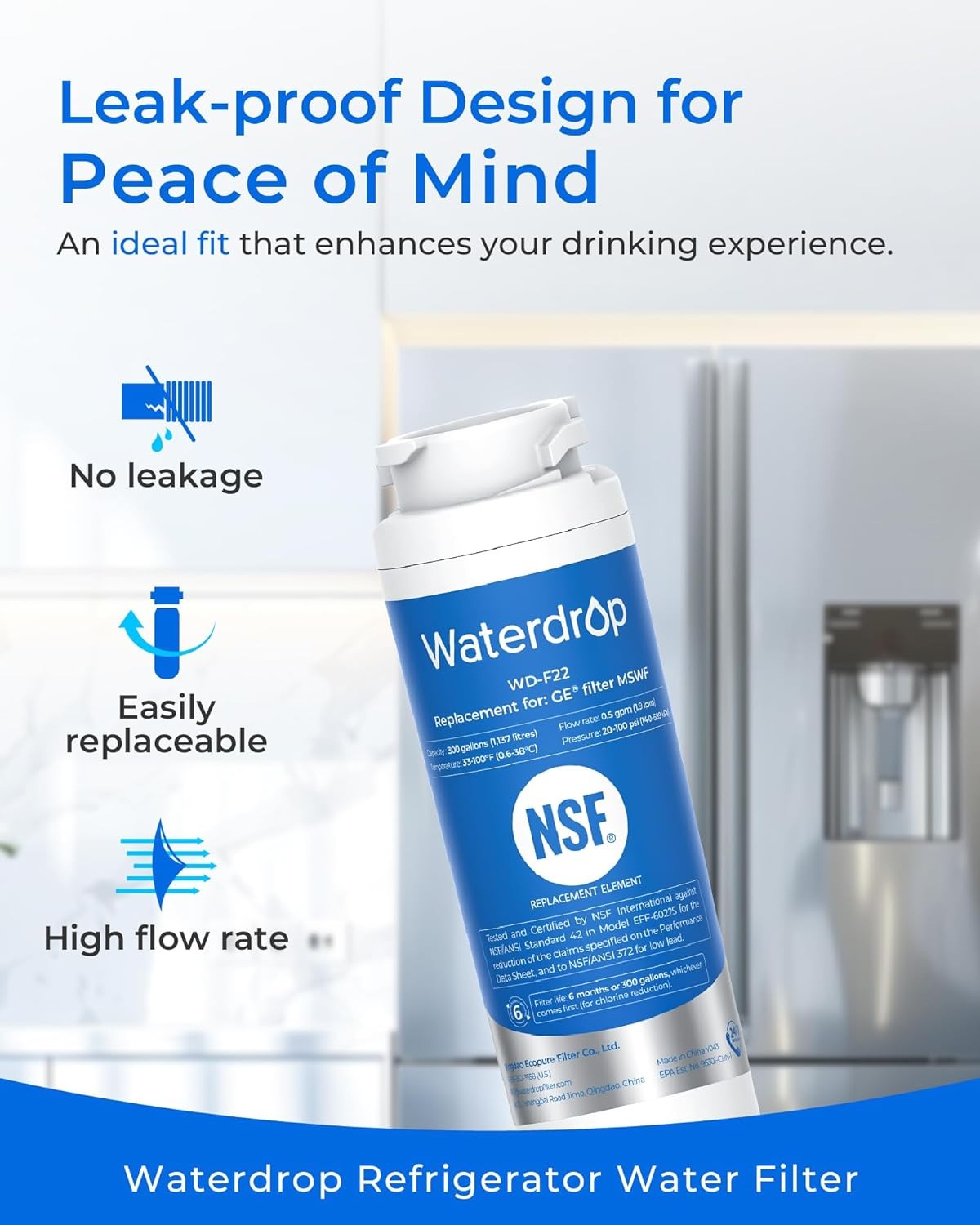 Waterdrop MSWF Refrigerator Water Filter,Replacement for GE® MSWF,6 Packs