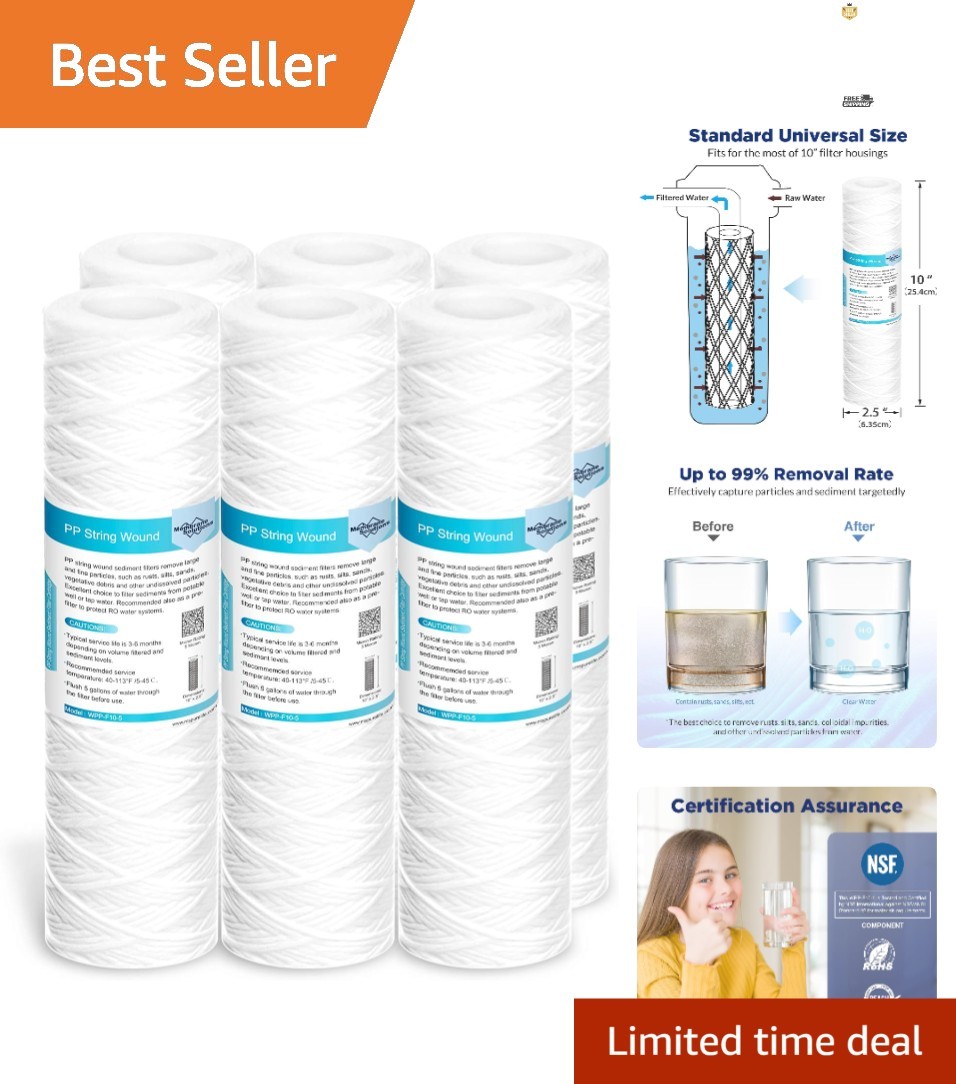 6-Pack 10″x2.5″ 5 Micron String Wound Water Filters for Whole House Filtration