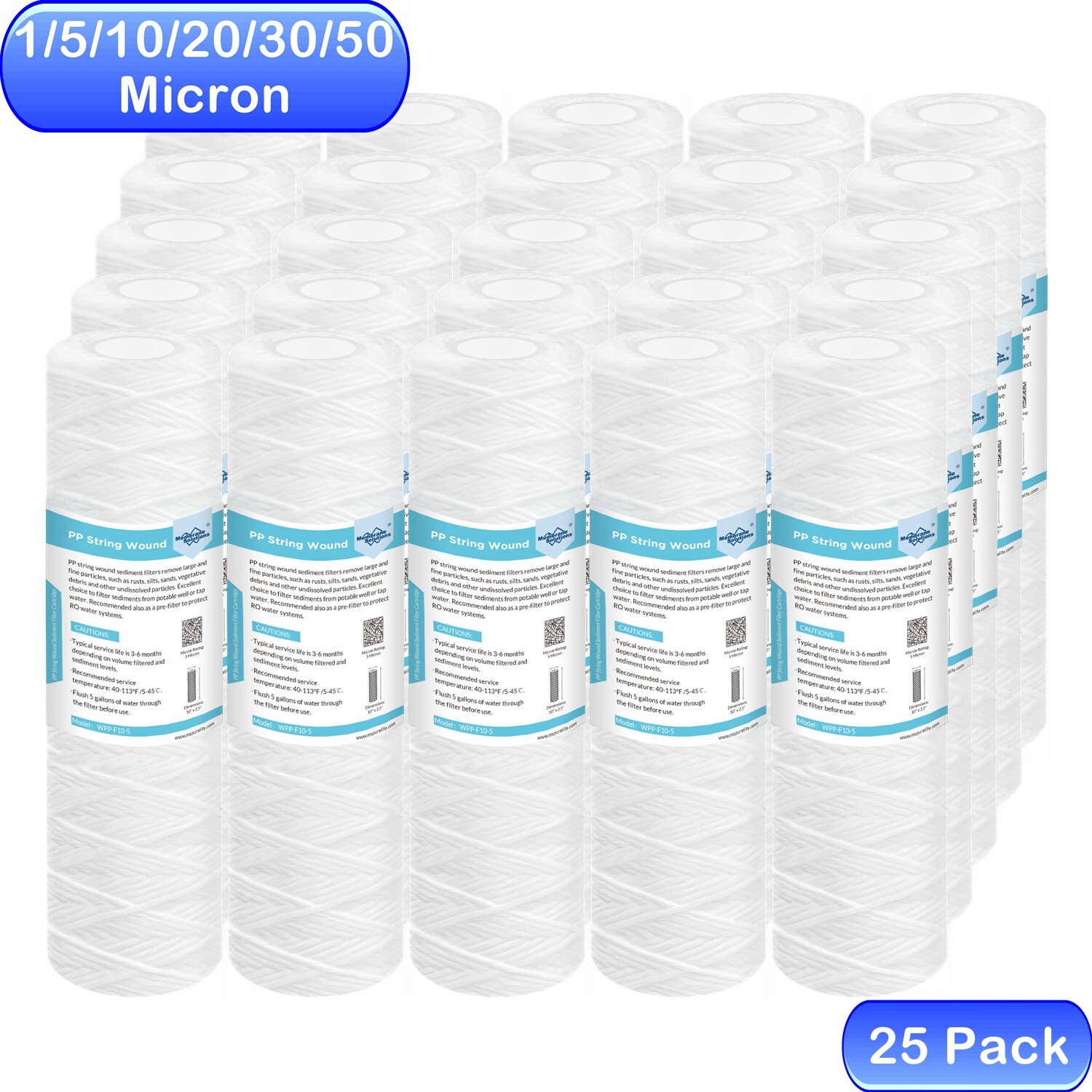 1/5/10/20/30/50 Micron 10″ x 2.5″ String Wound Whole House Sediment Water Filter