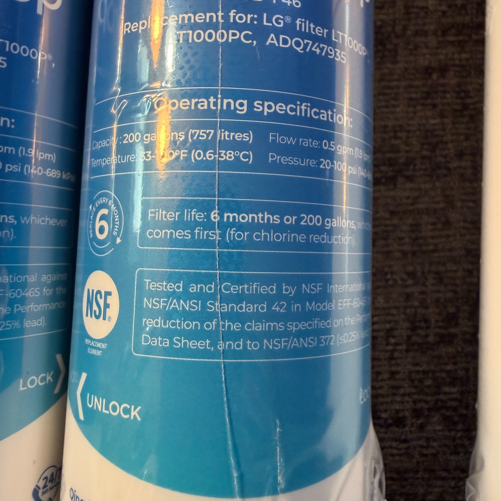 Set of 3 Waterdrop WD-F46 Replacement Refrigerator Water Filters for LG LT1000