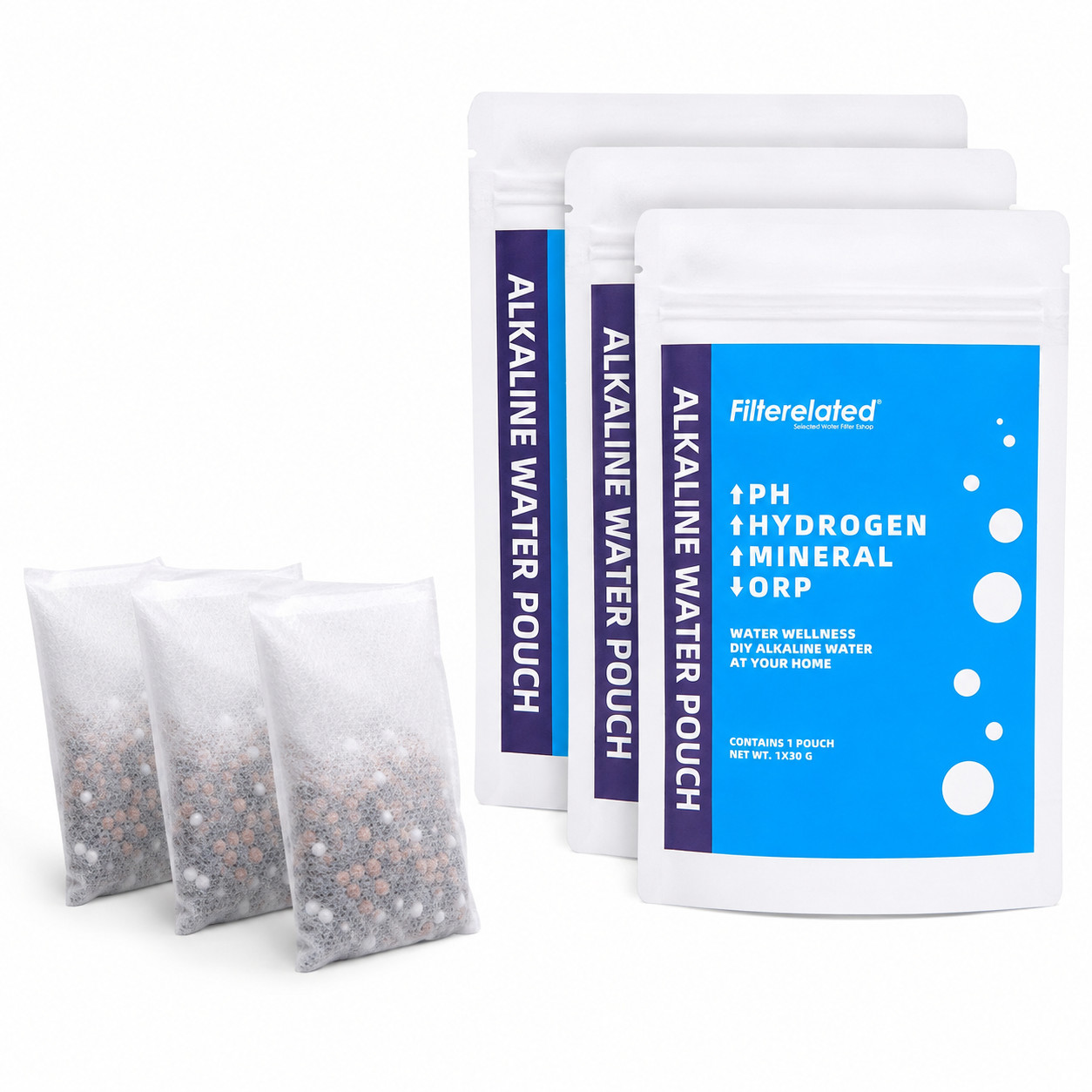 Alkaline Water Filter Pouch 3-Pack 30g – Raise pH 9+ – Portable BPA-Free