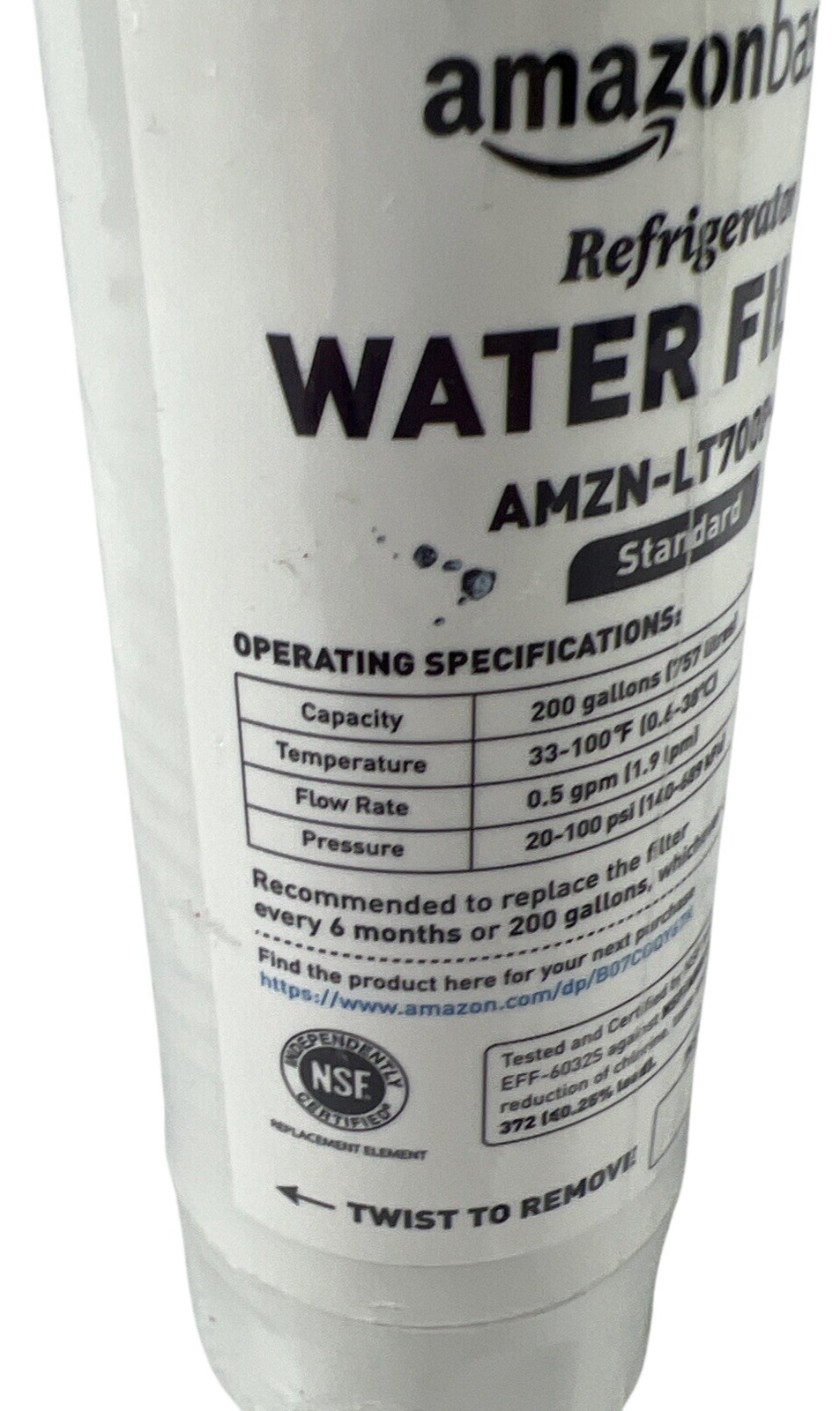 AmazonBasics Refrigerator Water Filter AMZN-LT700P-S 200 Gallons Standard NSF Ce