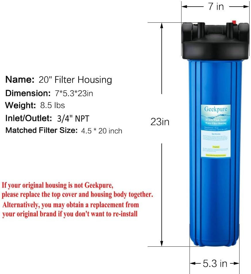 Geekpure 20in Whole House Water Filter Housing 3/4in Port for 4.5x20in Filters