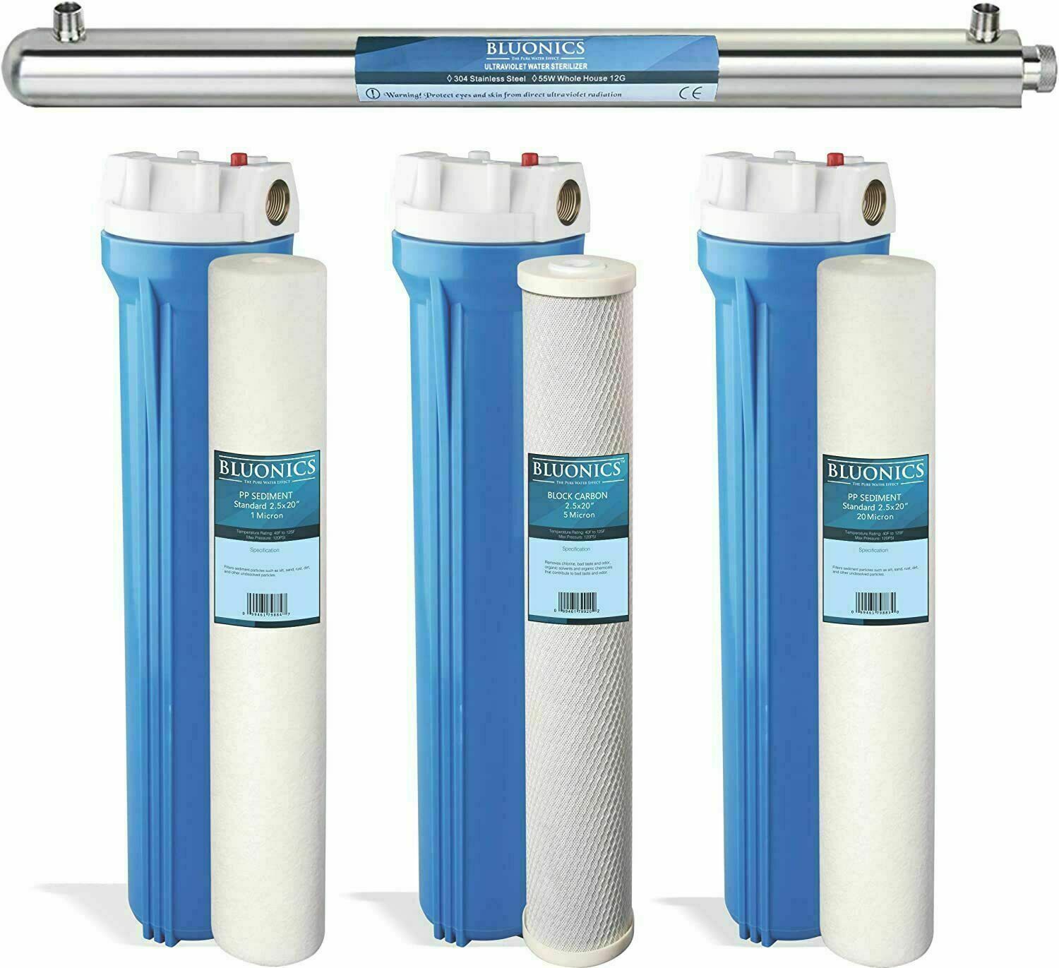 BLUONICS WHOLE HOUSE & WELL WATER CARBON&SEDIMENT SYSTEM 55W ULTRAVIOLET2.5″X20″