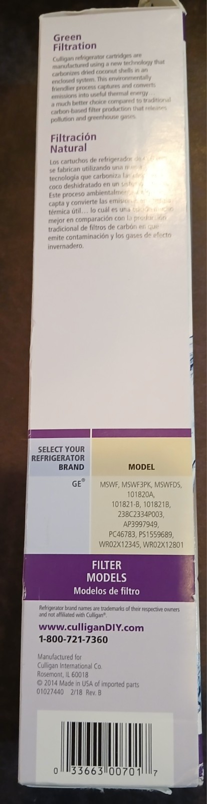 Culligan Refrigerator Replacement Cartridge Filter RF-G2A Replaces Multiple GE