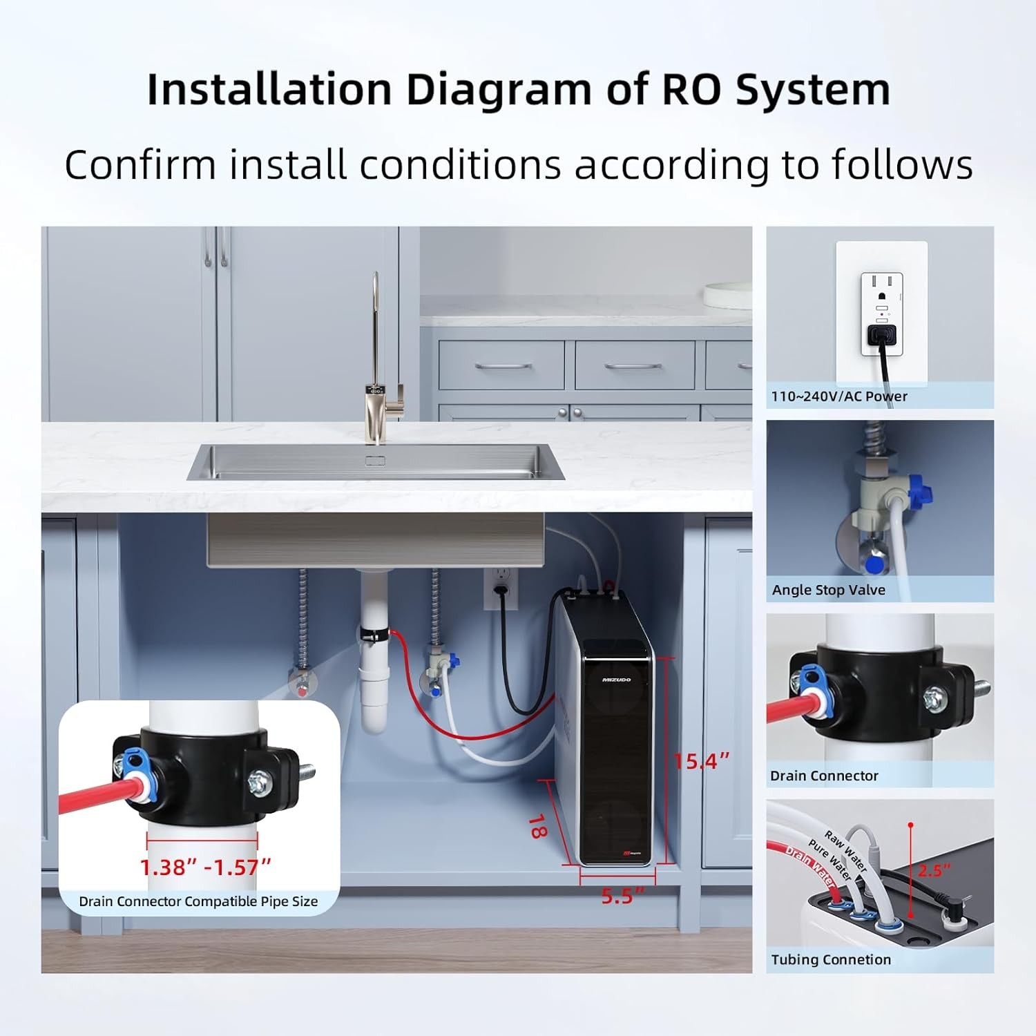 MIZUDO 800GPD Tankless Reverse Osmosis System Smart Faucet with TDS Monitor