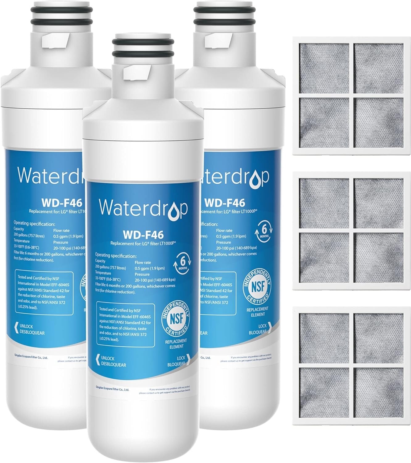 Waterdrop Replacement for LG® LT1000P® Refrigerator Water & Air Filter，3 Combo