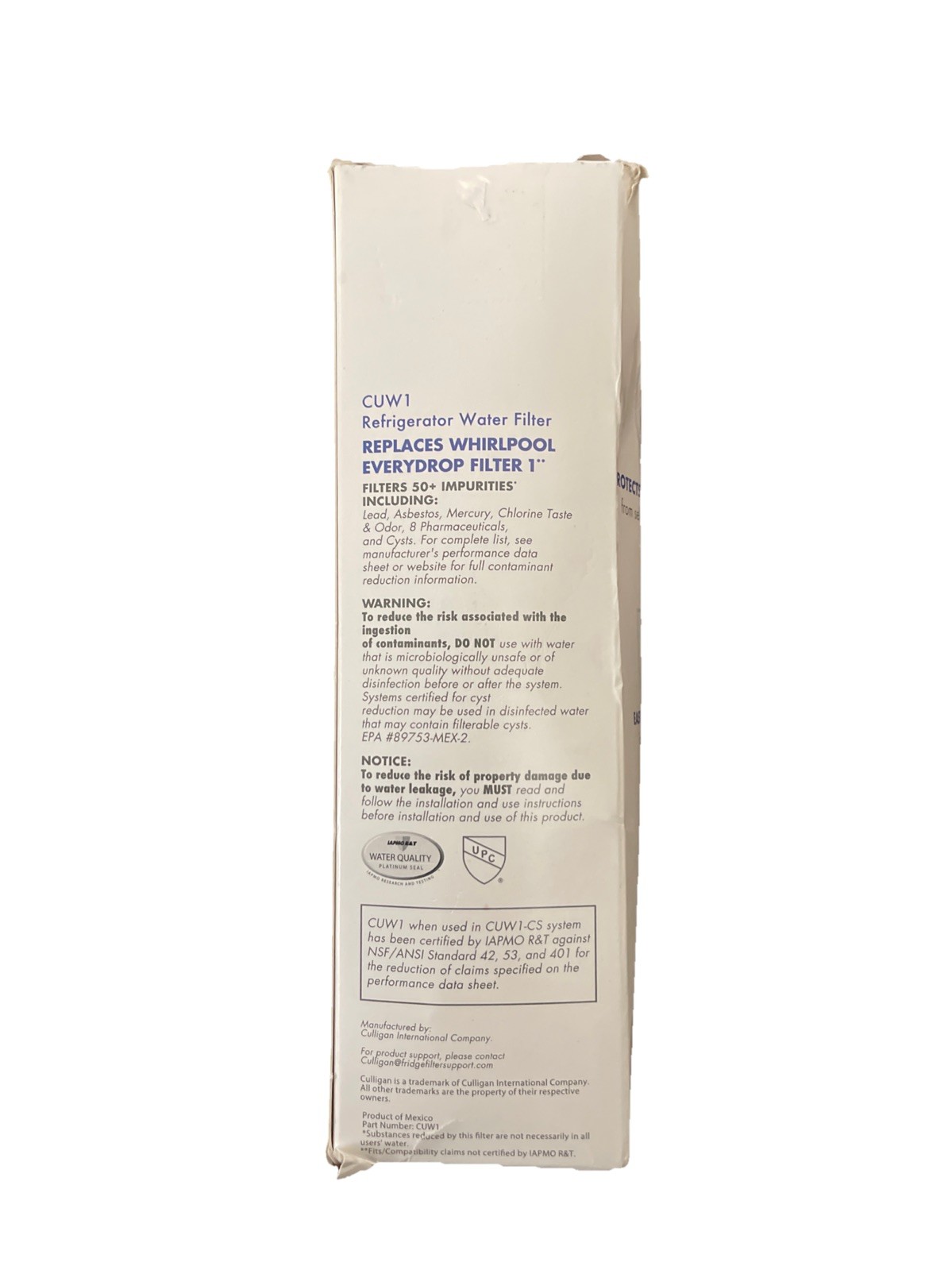 Culligan Refrigerator Water Filter CUW1. Replaces Whirlpool Everydrop Filter 1