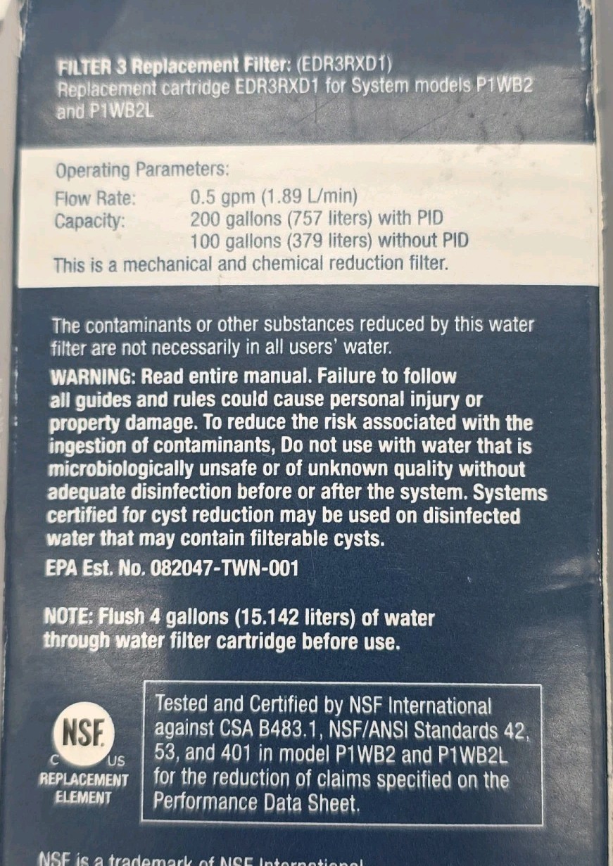 Refrigerator Replacement Filter 3 EDR3RXD1 P1WB2 L Sealed