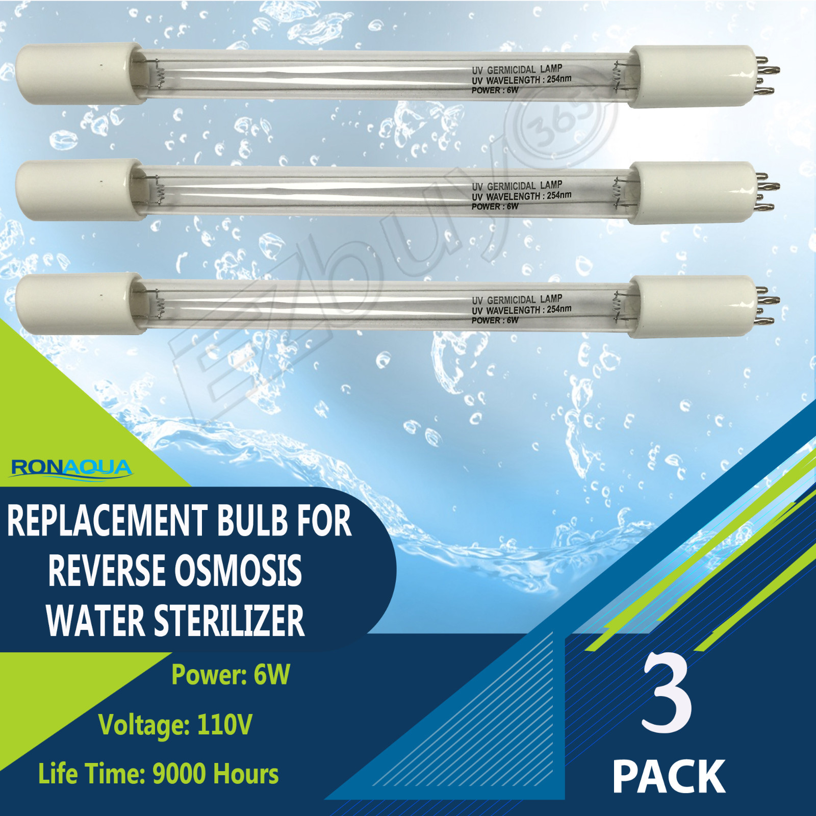 Ultraviolet UV Light Bulb 6W for Water Sterilization System Set of 3