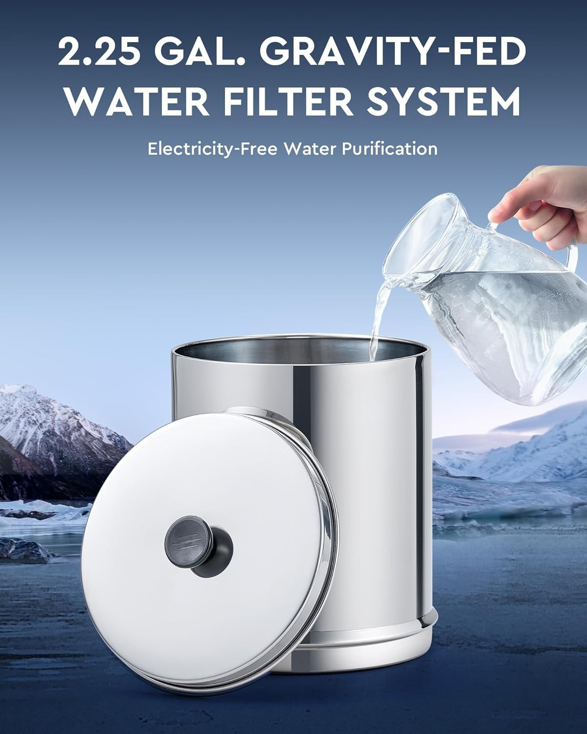 Stainless Steel Gravity Water Filter System with 2 Carbon Filters, 2.25 Gal