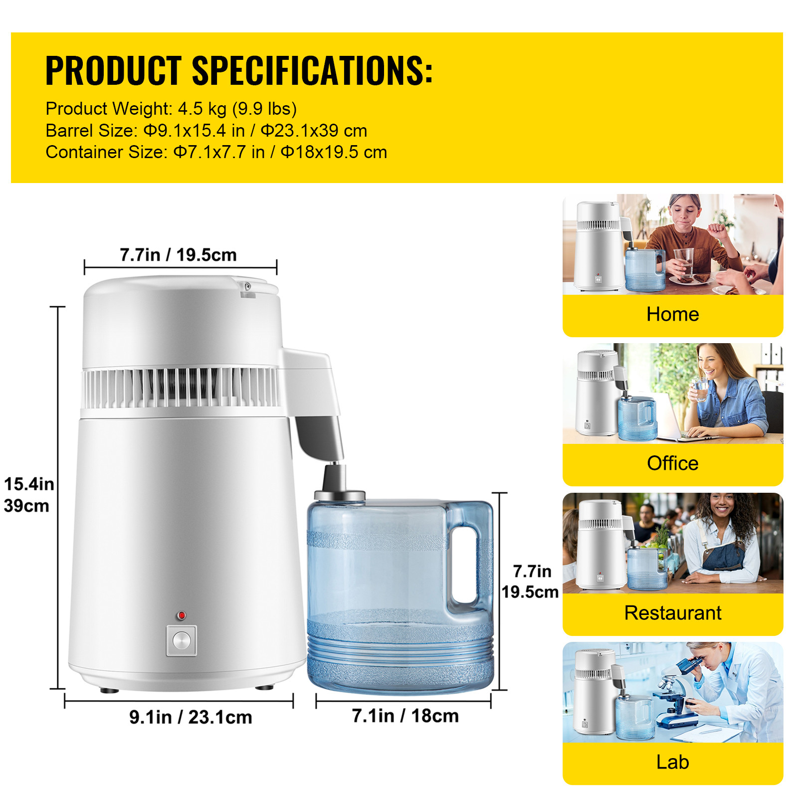 VEVOR 4L Water Distiller Purifier Machine Countertop Stainless Steel Interior CE