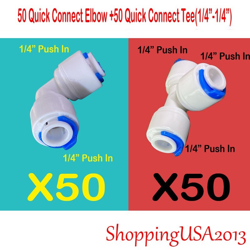 50PCS Quick Connect Elbow +50 Quick Connect Tee Fittings 1/4″-1/4″ Water Filter
