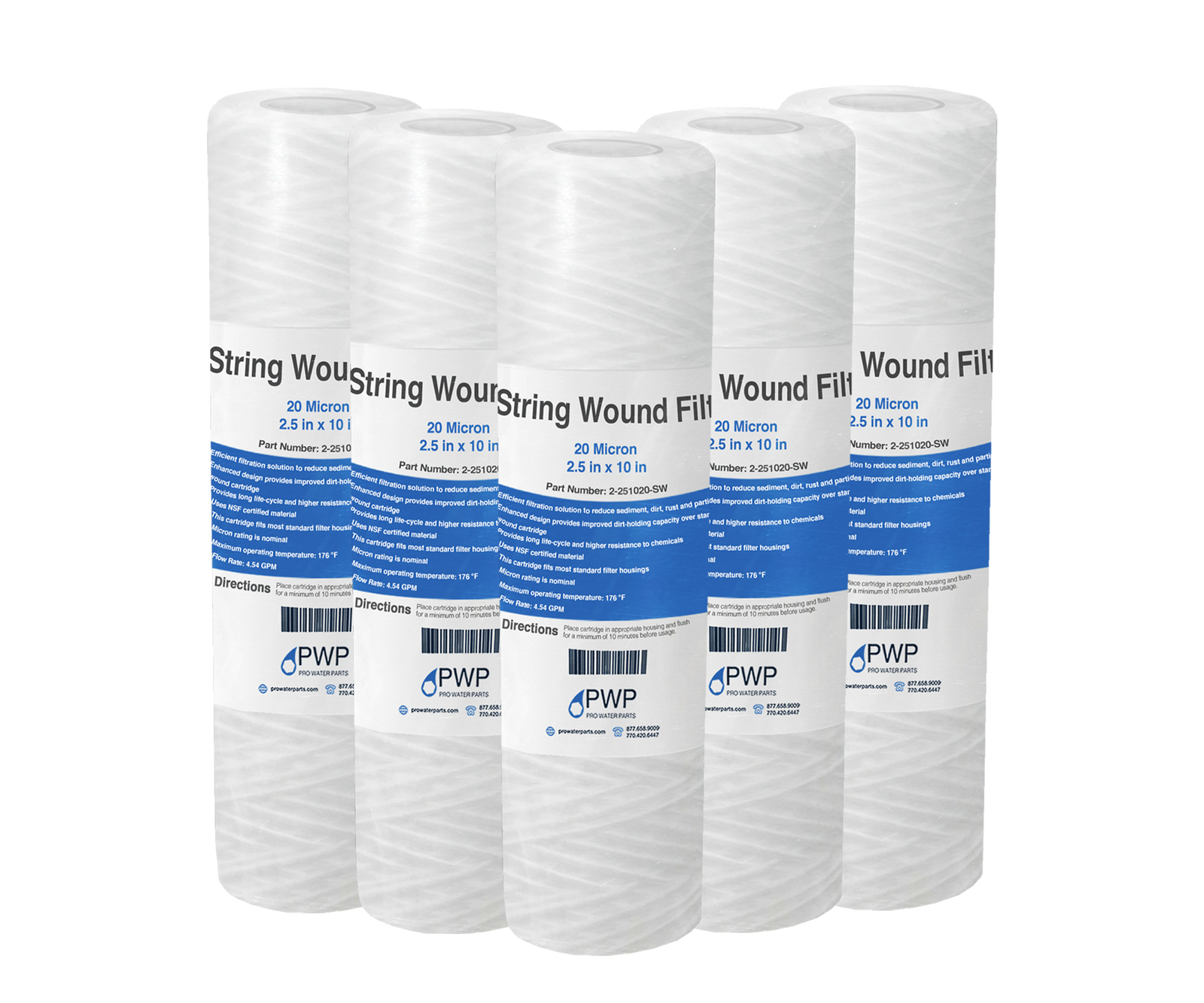 String Wound Sediment Water Filter Cartridge Standard 2.5×10″ 20 Micron 5 Pack