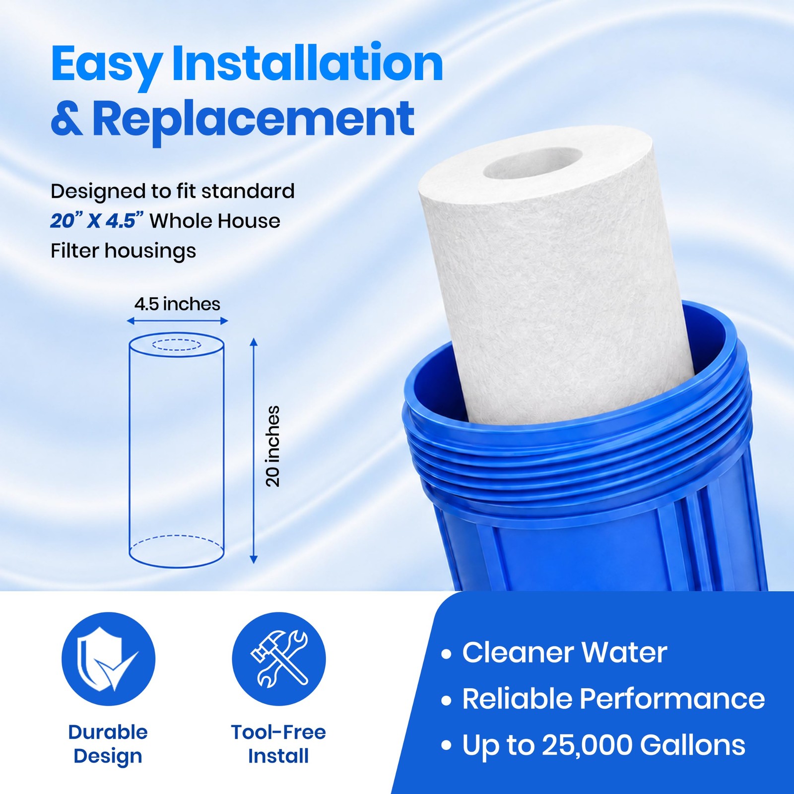 Sediment water filter cartridge 1 Micron 4.5” X 20” Whole House 2/2/3/4/6/10 pk