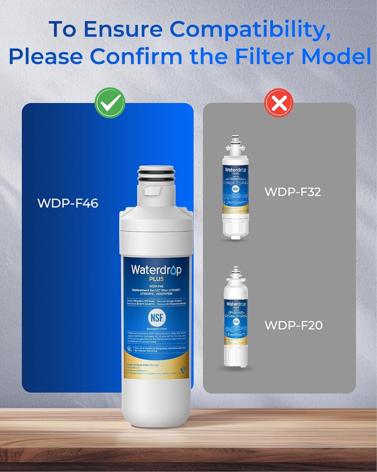 Waterdrop Plus Refrigerator Water Filter and Air Filter for LG® LT1000P®,2 Combo