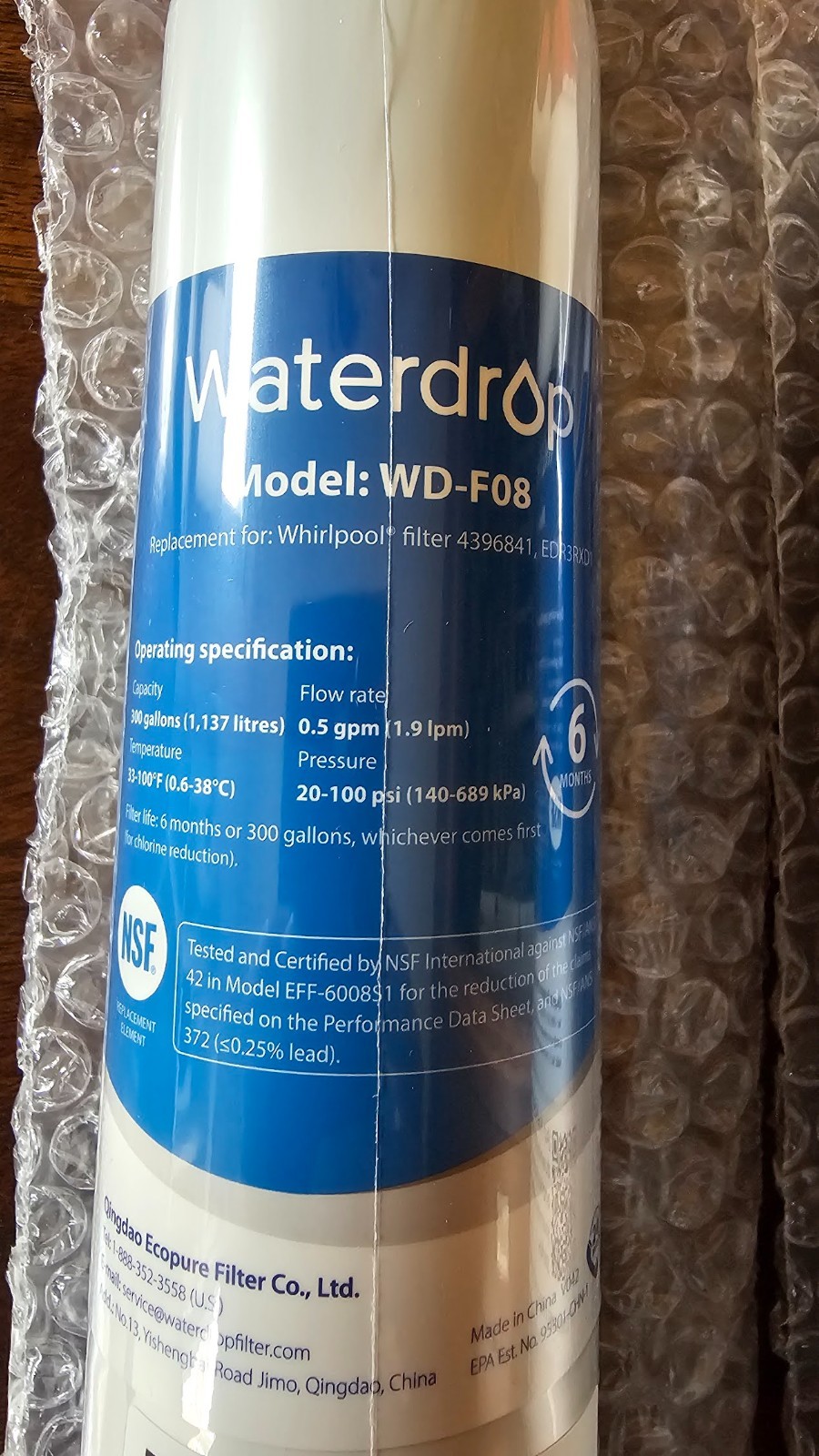 New Waterdrop WD-F08 Refrigerator Water Filter Replacement For Whirlpool