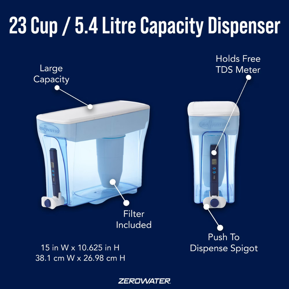 ZeroWater 23 Cup 5-Stage Water Filtration Dispenser, 0 TDS Purifier, BPA-Free