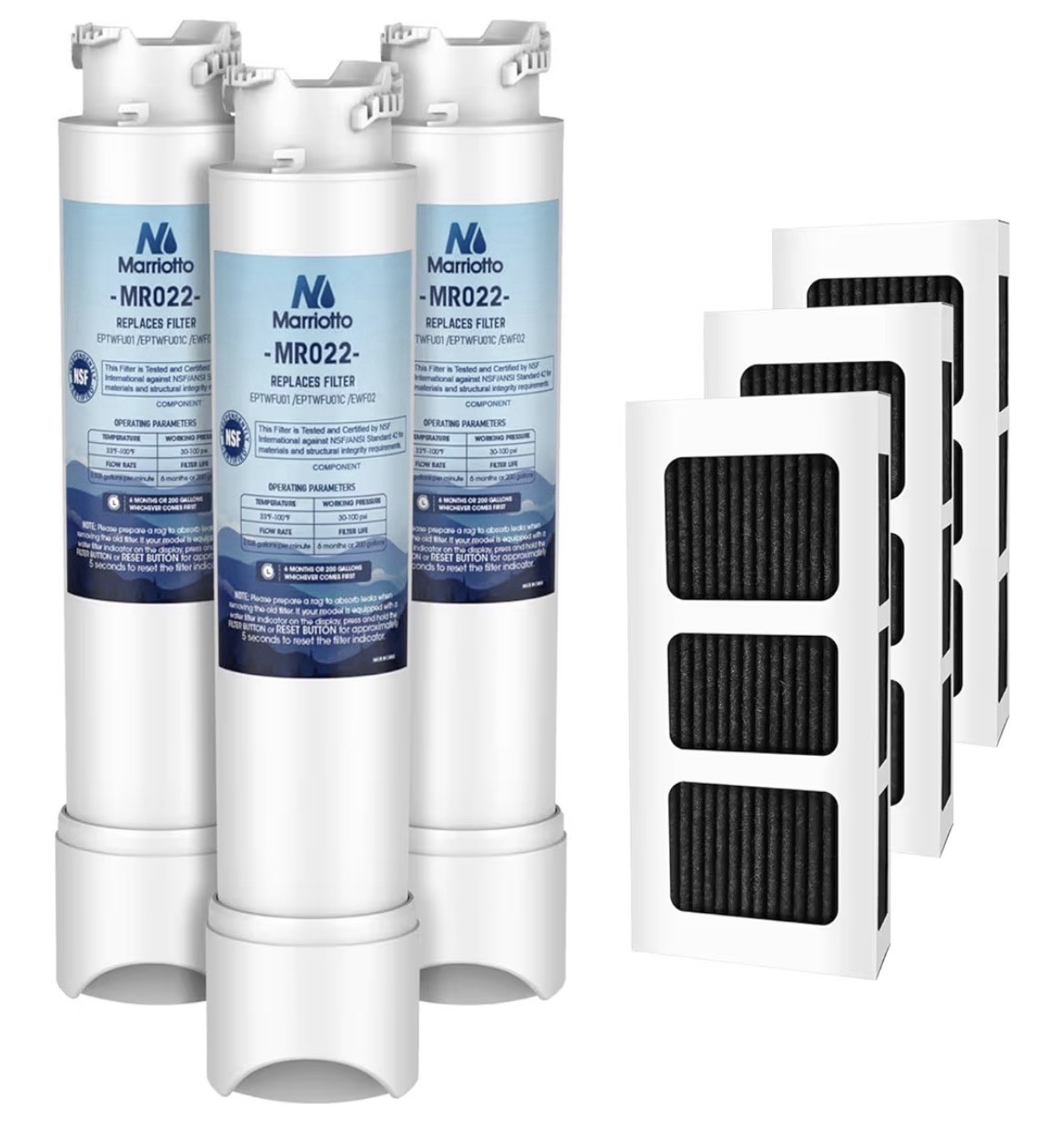 NEW Marriotto MR022 Water & Air Filter 3+3 Kit for Frigidaire EPTWFU01 PAULTRA2