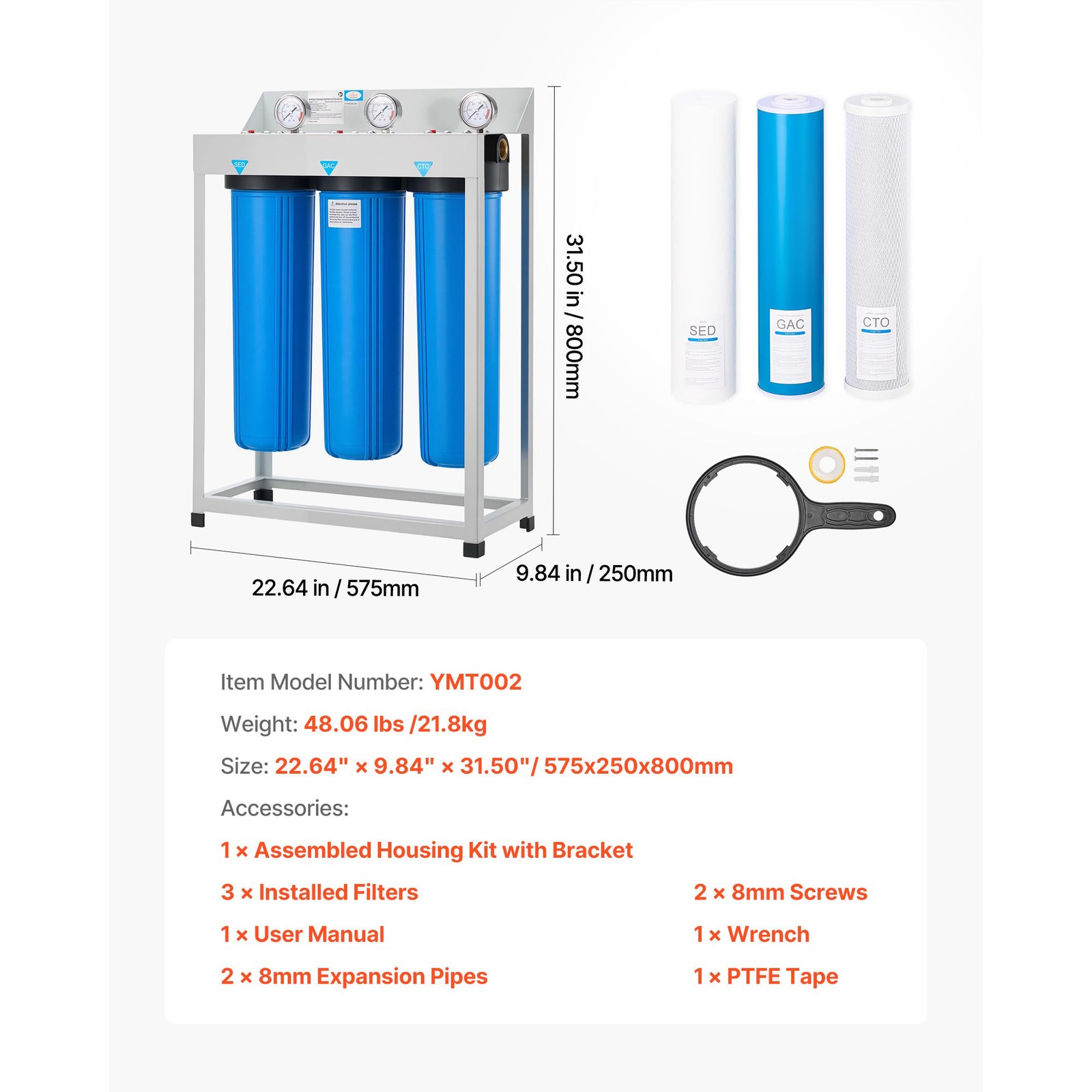 3-Stage Whole House Water Filter System 4.5″x20″ GAC Reduce Chlorine Odor