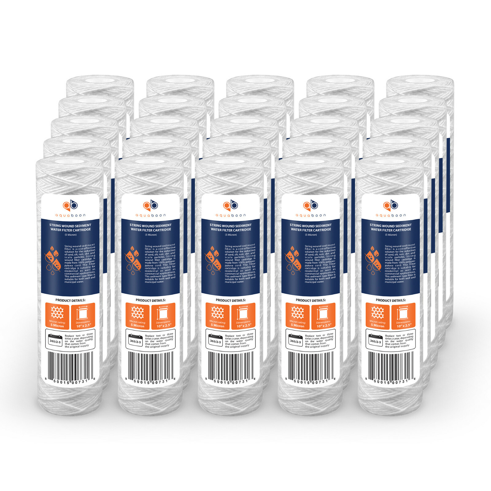 25-Pack of 5 Mic Wound String Sediment Water Filter Cartridges 10″x2,5″ for RO