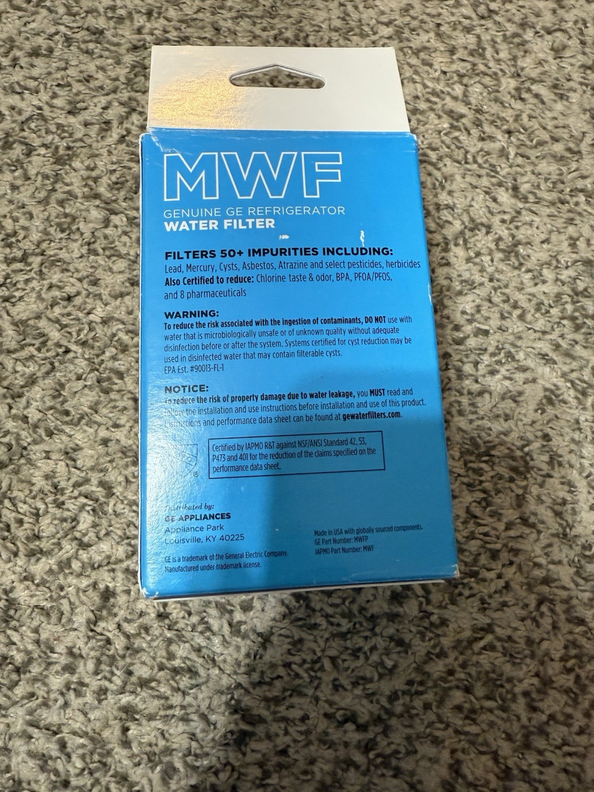 GE MWF Genuine Refrigerator Water Filter New Removes Lead Chlorine Taste & Odor