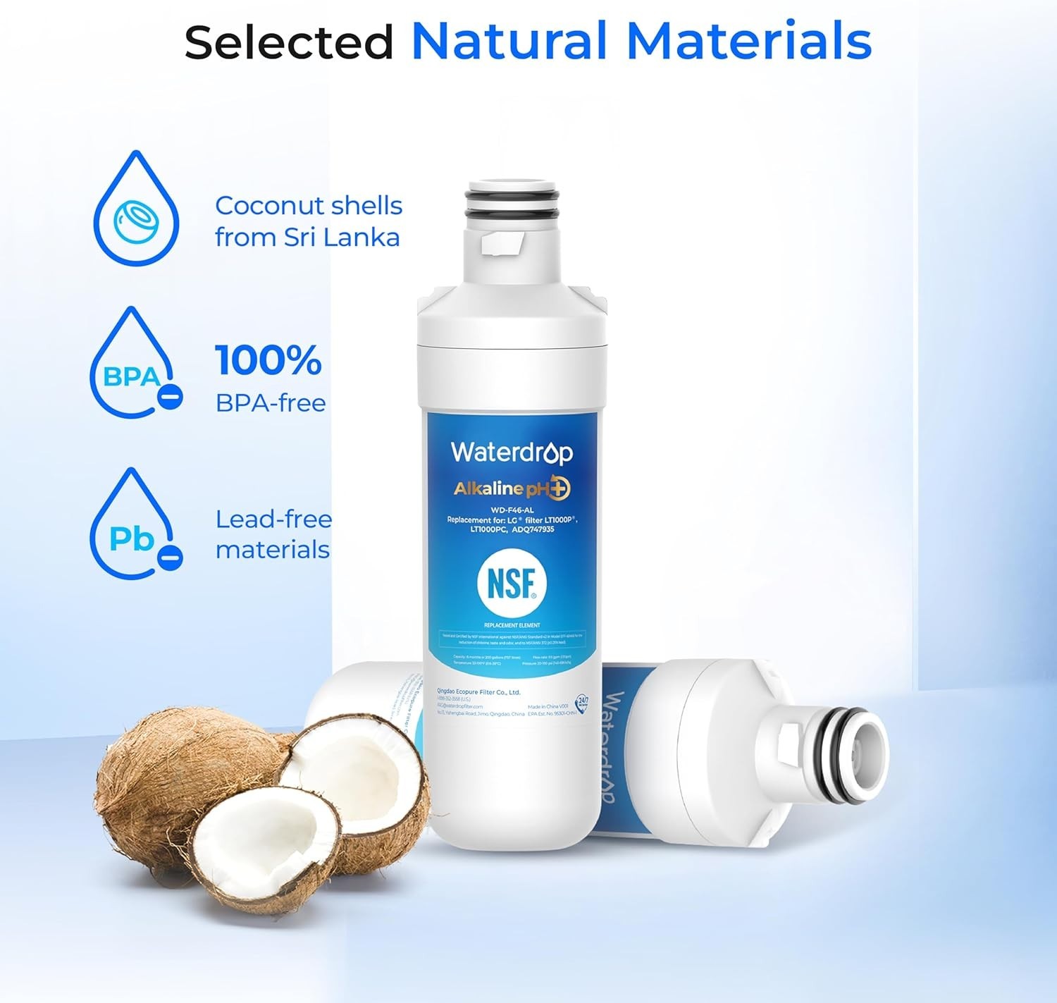 Waterdrop Alkaline Refrigerator Water Filters Replacement for LG® LT1000P®, (2)
