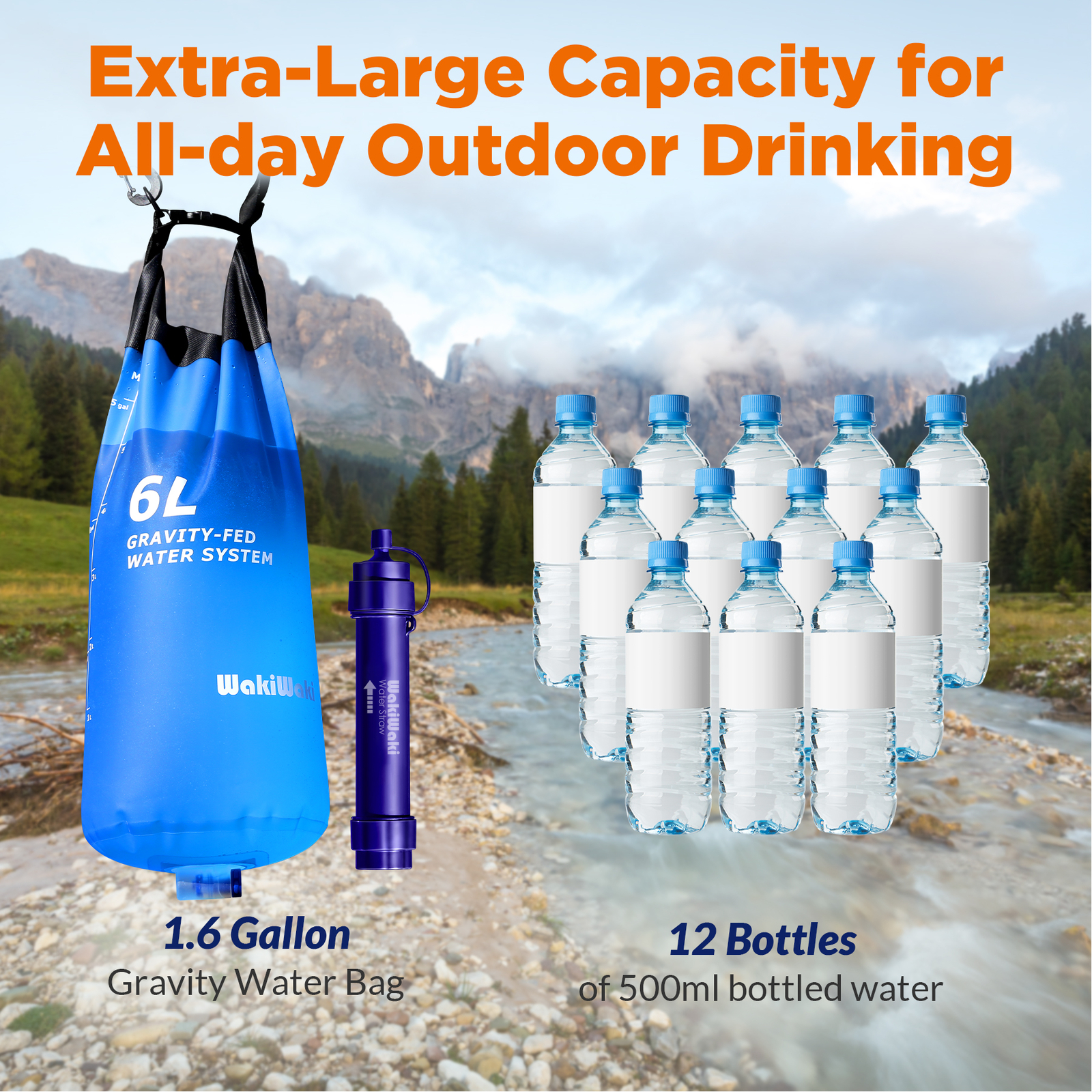 6L Gravity Water Filter Straw Bag Drinking Purifier Outdoor Camping Emergency