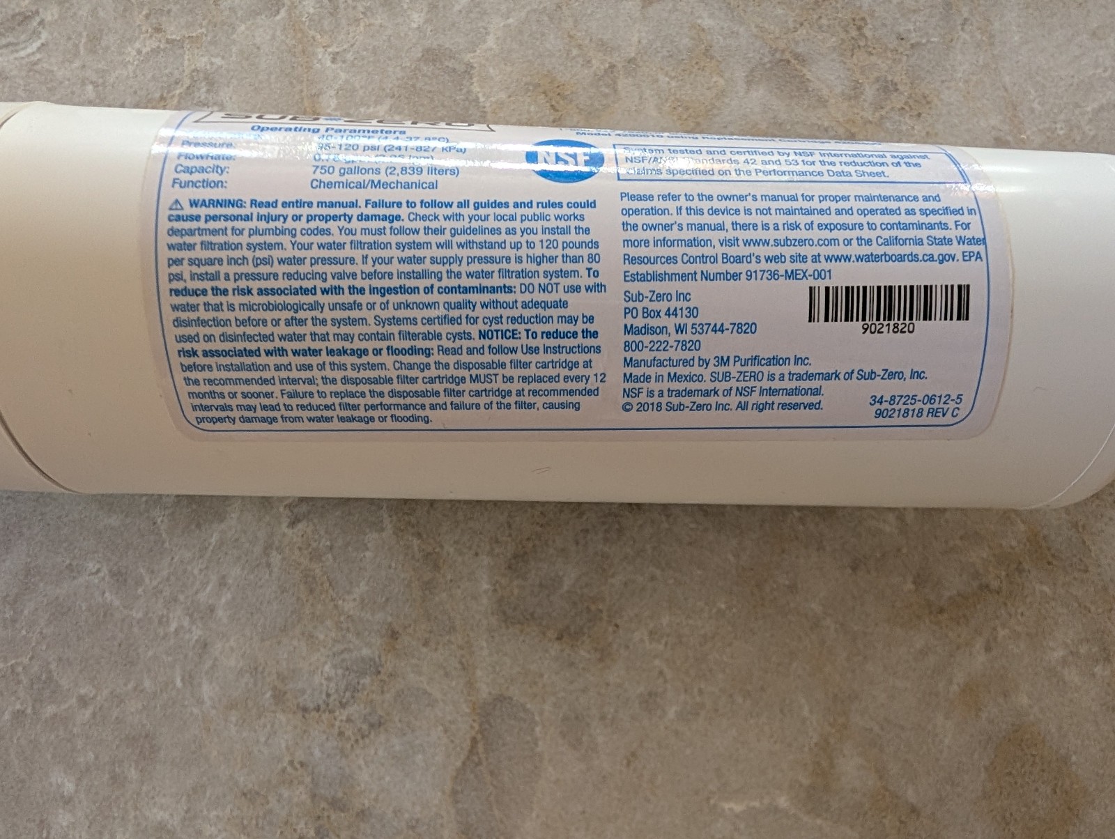 Genuine SubZero OEM Water Filter Replacement Cartridge 4290510 4204490