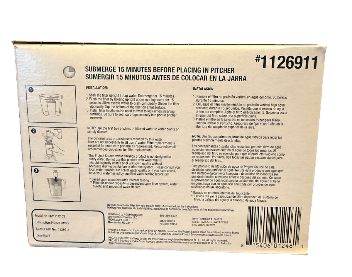 Brita Compatible Project Source 3 pack Water Pitcher Filters Made In USA NEW