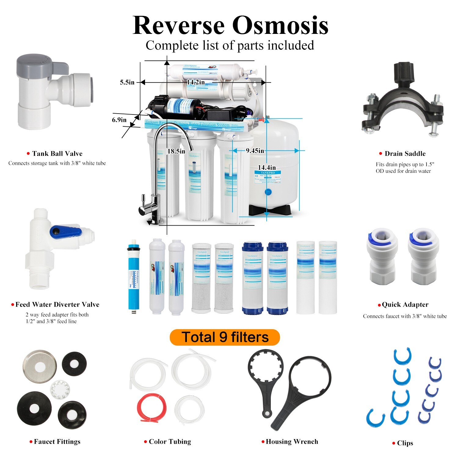Geekpure 5 Stage Reverse Osmosis Water Filter System with Booster Pump 75 GPD