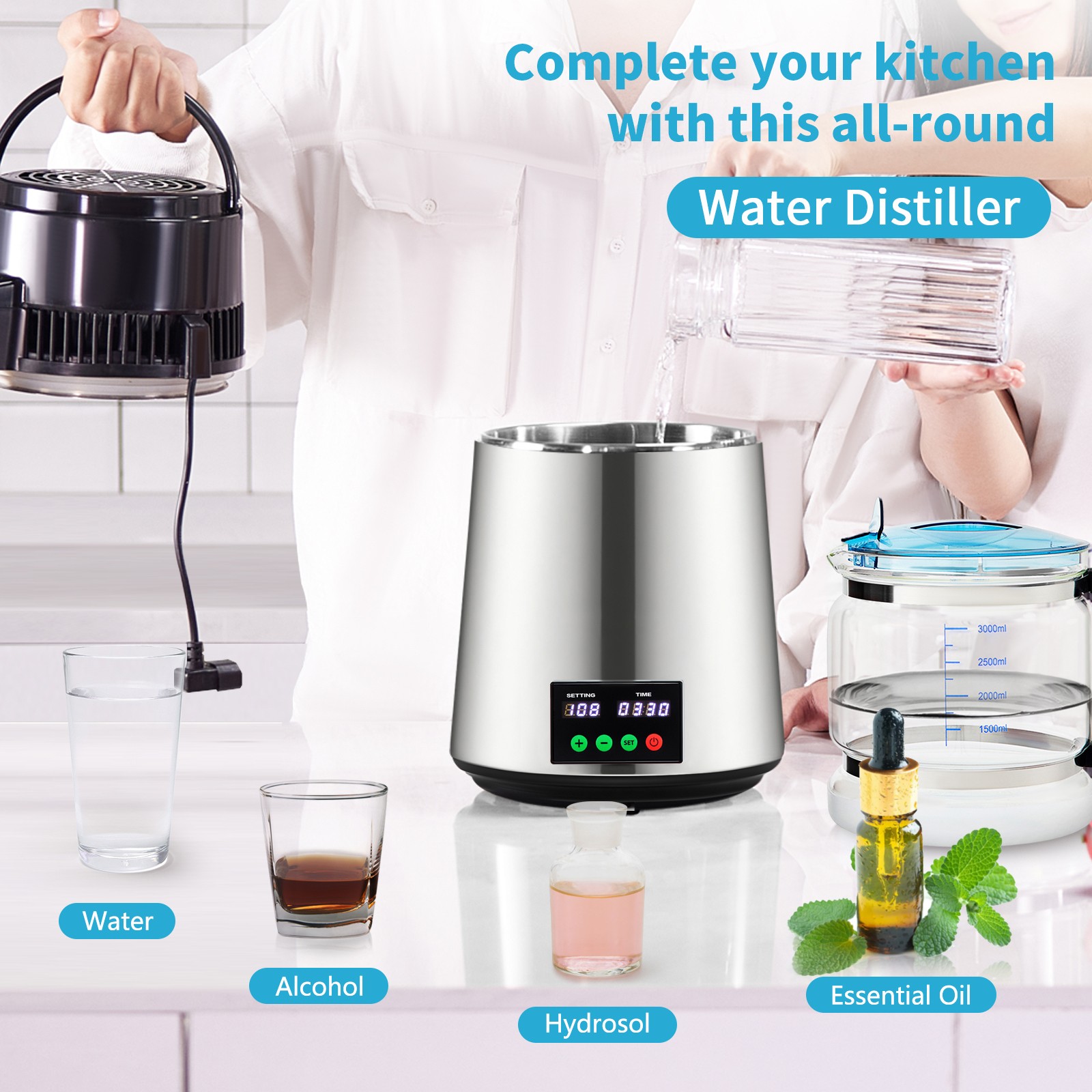 Uimoso 4L Water Distiller with Timer and Temperature Display, Silver