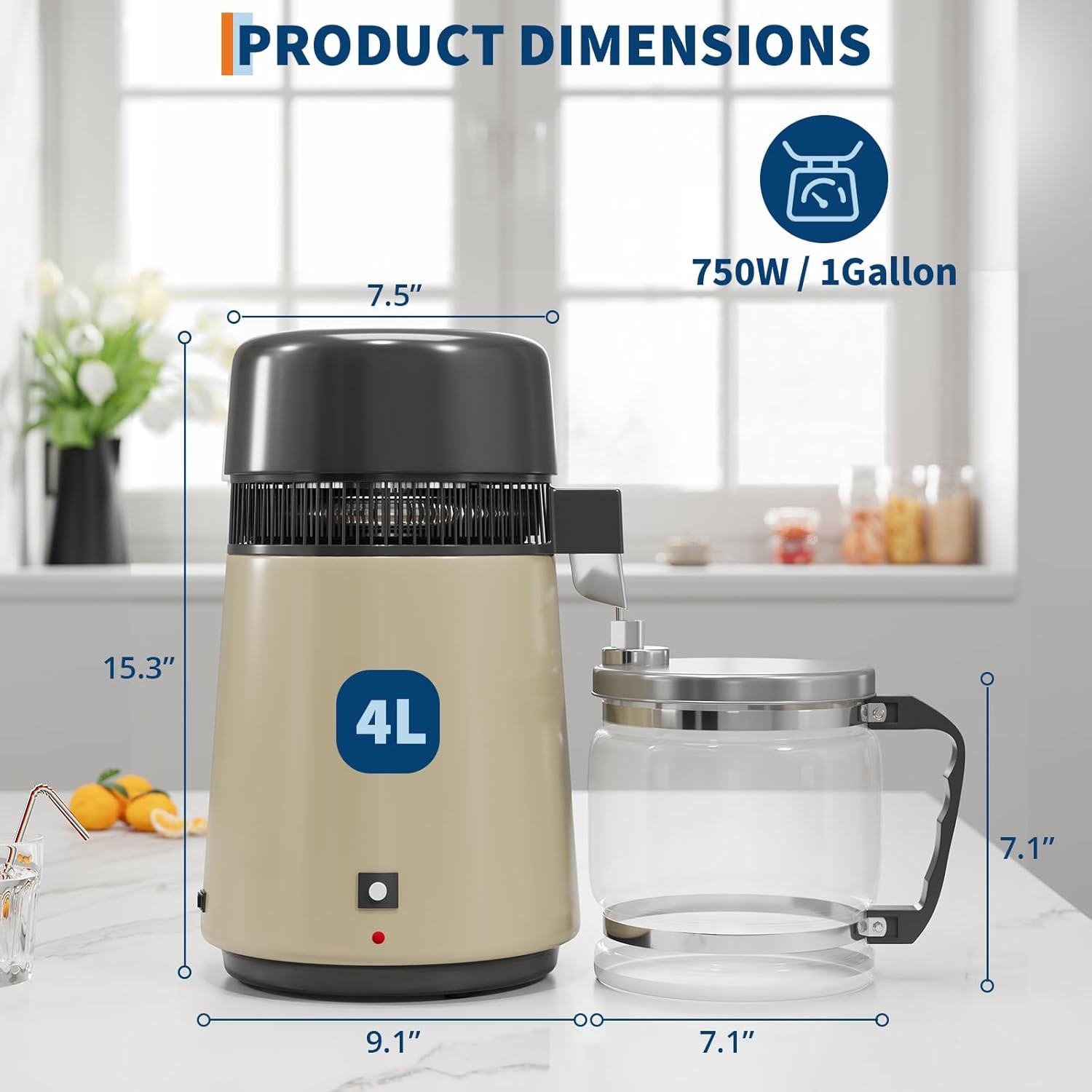 4L Stainless Steel Water Distiller 750W with Glass Jug, Gold/Red/Silver